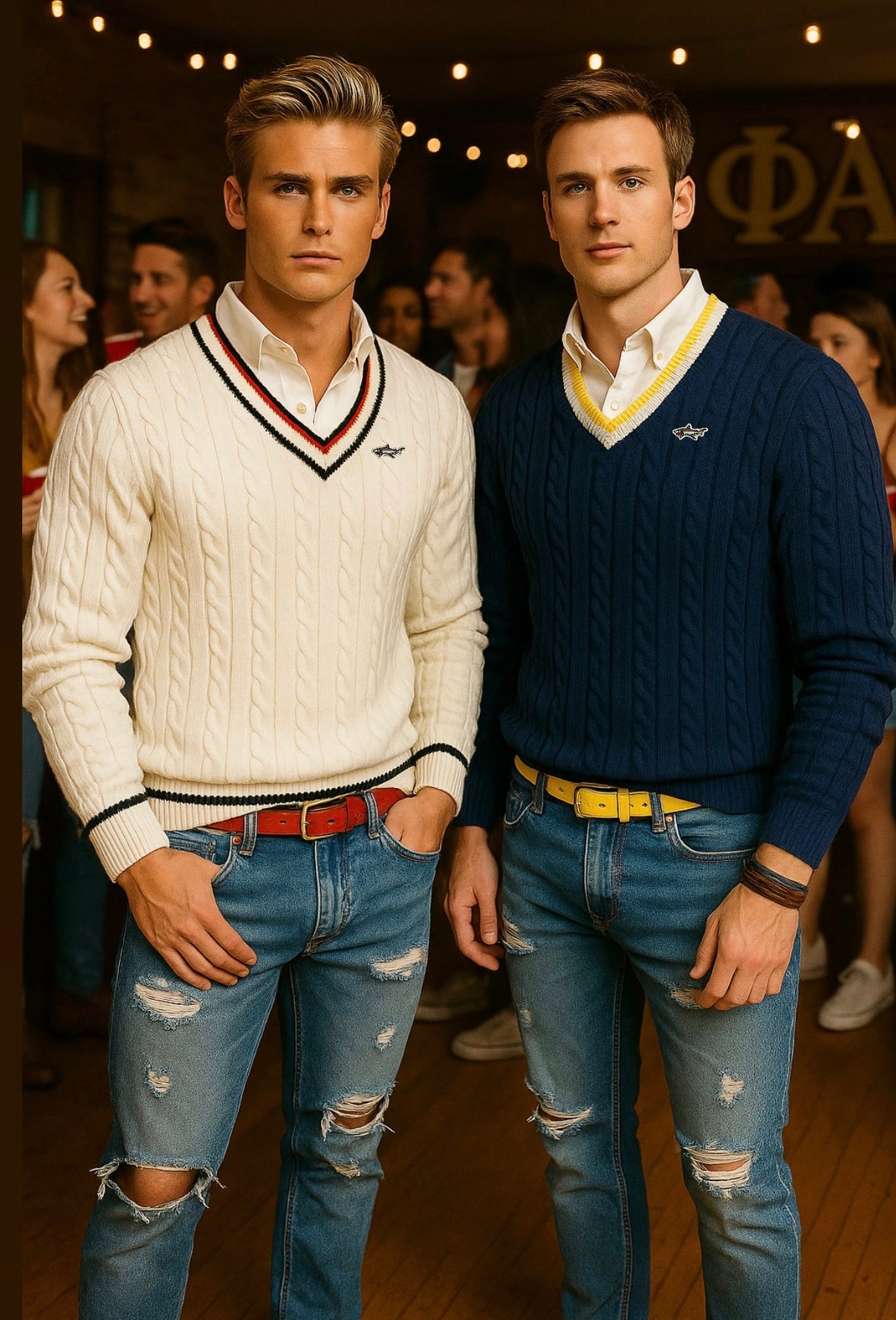 White V Neck Cable Knit Tennis Sweater