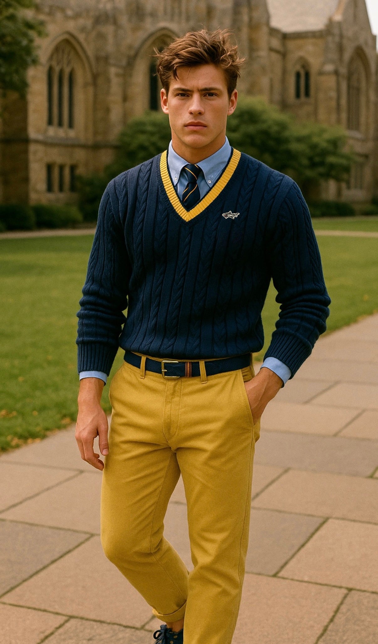Navy V Neck Cable Knit Tennis Sweater