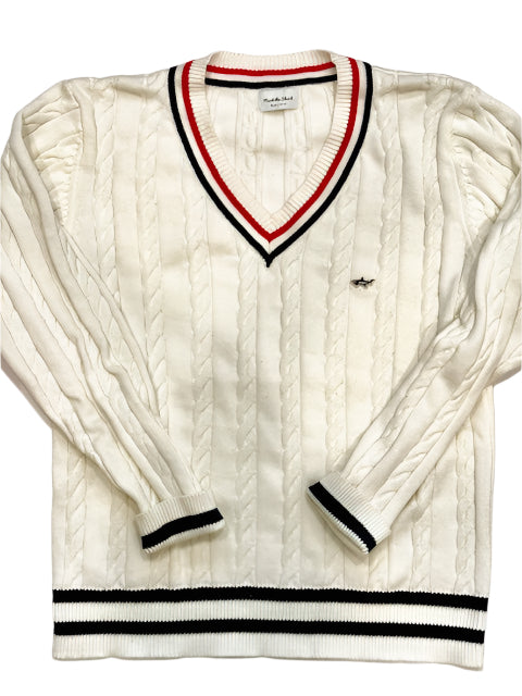 White V Neck Cable Knit Tennis Sweater