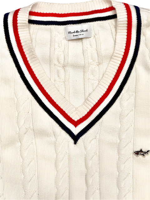 White V Neck Cable Knit Tennis Sweater