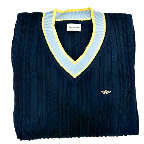Navy V Neck Cable Knit Tennis Sweater