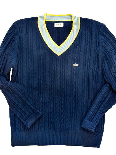 Navy V Neck Cable Knit Tennis Sweater