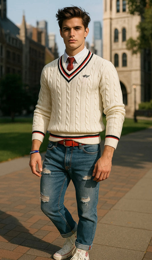 White V Neck Cable Knit Tennis Sweater